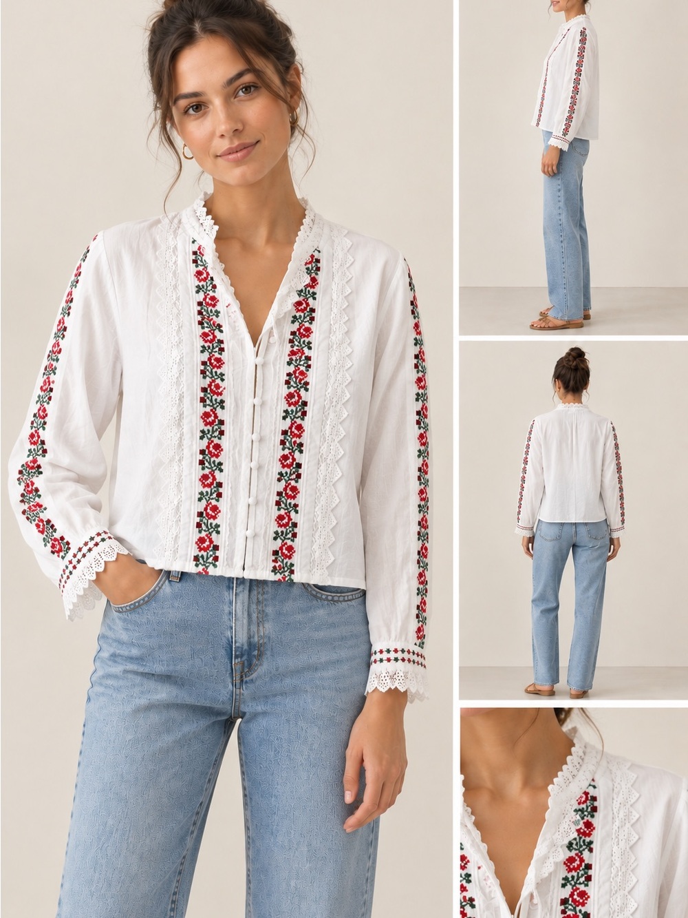 Pink City Prints Embroidered White Peasant Blouse with Red Floral Trim
